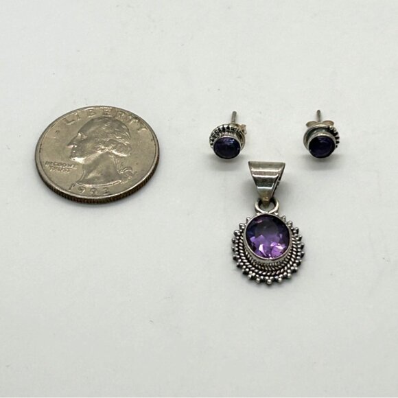 Sterling Silver Amethyst Pendant Earrings Set February Birthstone Minimalist - Picture 4 of 9